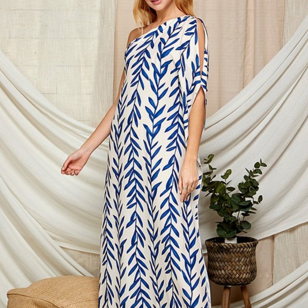 LEAF PRINT ONE SHOULDER SATIN MAXI DRESS